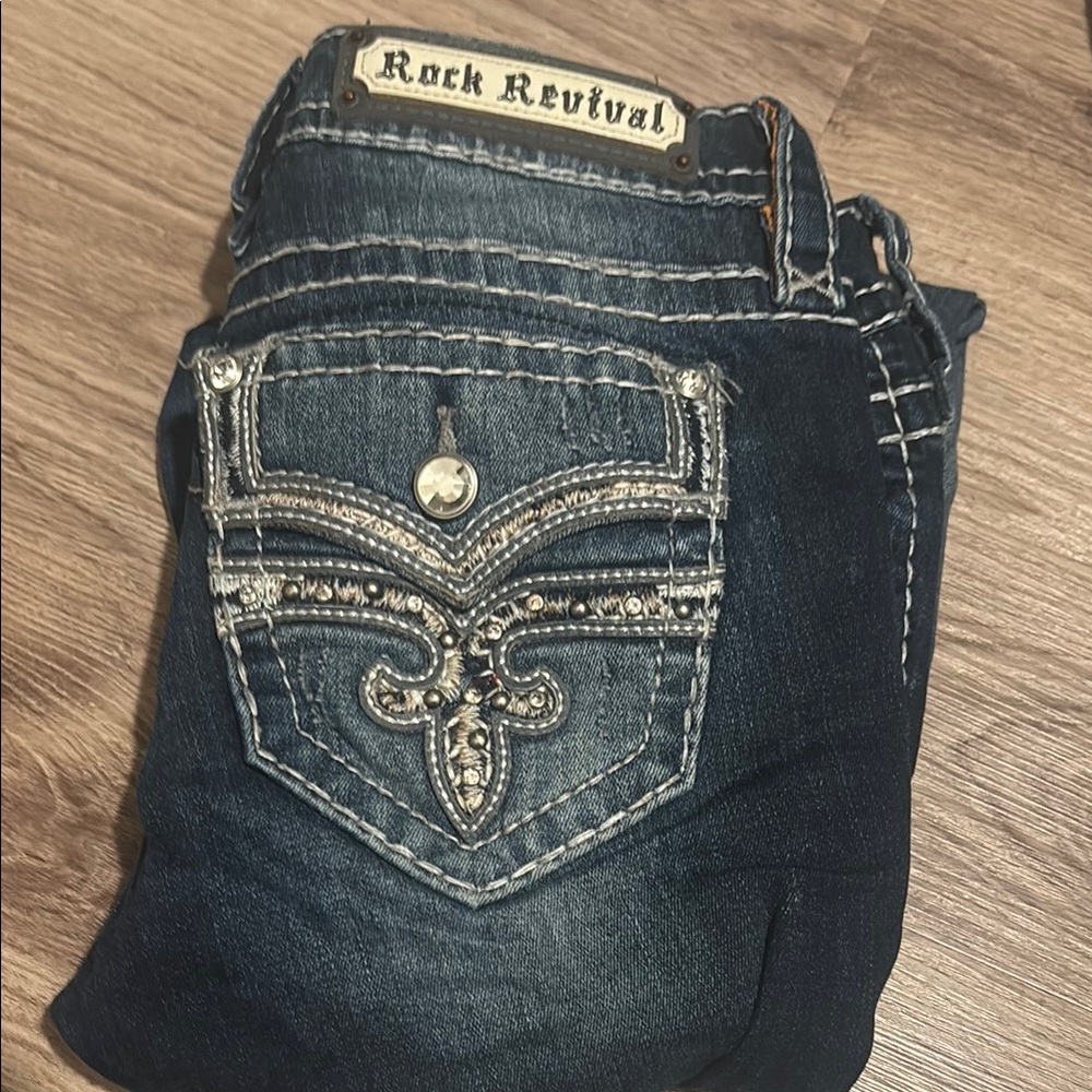 Rock Revival Blue Boot Cut Jeans with Decorative Stitching